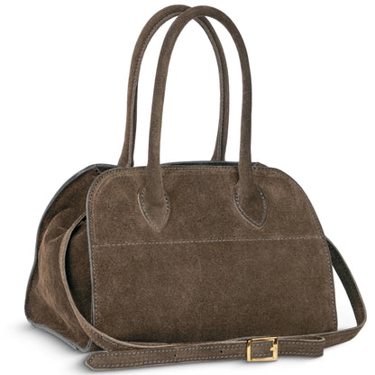 Italian genuine suede top-handle bag by TAKEASY in tobacco color, featuring a stylish leather design with a top handle.