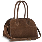 Italian genuine suede top-handle bag by TAKEASY in chocolate brown, featuring sturdy leather handles and elegant craftsmanship.
