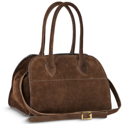 Italian genuine suede top-handle bag by TAKEASY in chocolate brown, featuring sturdy leather handles and elegant craftsmanship.