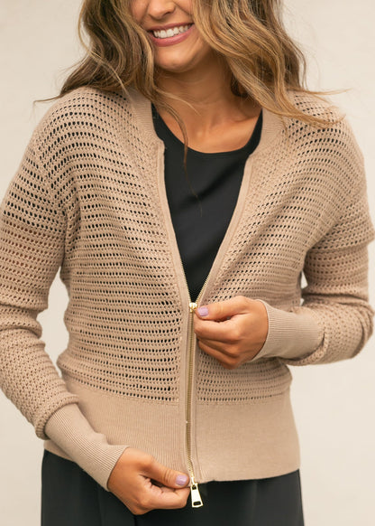 Inherit Co. Tate crochet open-knit cardigan in a neutral tone with open front and relaxed sleeves