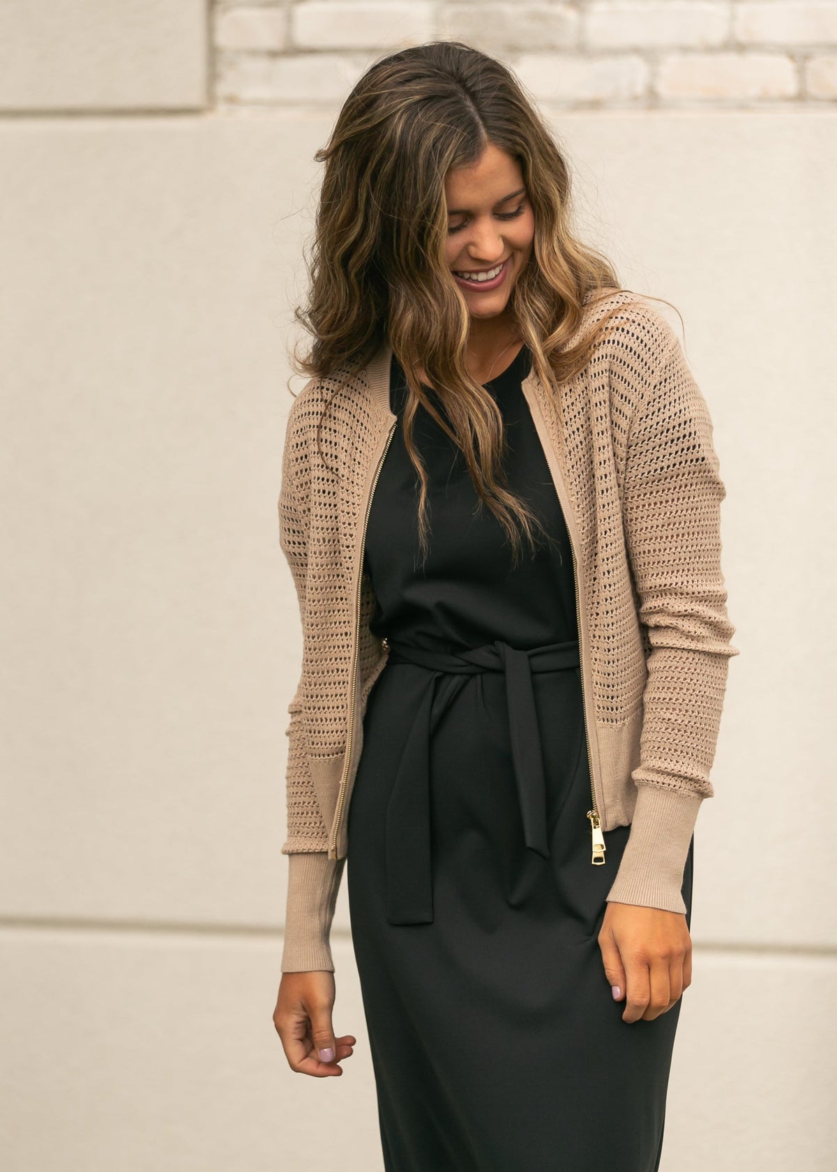 Inherit Co. Tate crochet open-knit cardigan in a neutral tone with open front and long sleeves