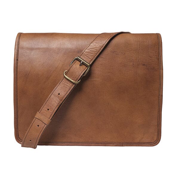 Full-grain leather messenger bag by Classy Leather Bags, designed for 15-inch laptops, with a sleek, structured urban crossbody style.