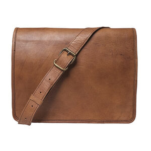 Full-grain leather messenger bag by Classy Leather Bags, designed for 15-inch laptops, with a sleek, structured urban crossbody style.
