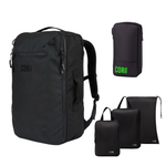 COR Surf Island Hopper travel bundle featuring a black backpack, packing cube, toiletry kit, and dopp kit for organized packing.
