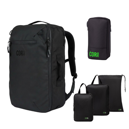 COR Surf Island Hopper travel bundle featuring a black backpack, packing cube, toiletry kit, and dopp kit for organized packing.