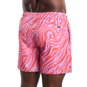 Capelle Miami Tropical Swirl Coral and Orchid Hybrid swim trunks with print design and compression lining, back view