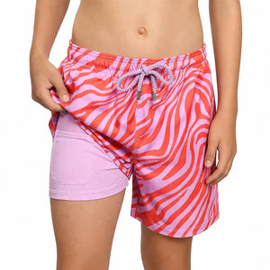 Boys' Tropical Swirl Coral and Orchid hybrid swim and play trunks by Capelle Miami, featuring vibrant tropical print and comfortable fit.