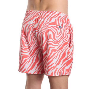 Capelle Miami Tropical Swirl coral and sand hybrid swim trunks with compression lining, featuring vibrant tropical print and classic back design.