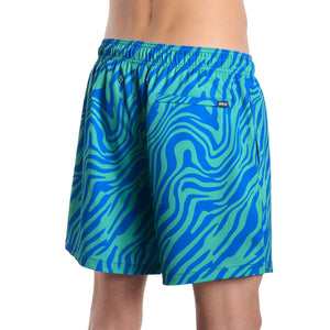Capelle Miami Tropical Swirl ocean and palm print hybrid swim trunks with compression lining, ideal for resort and beach wear.