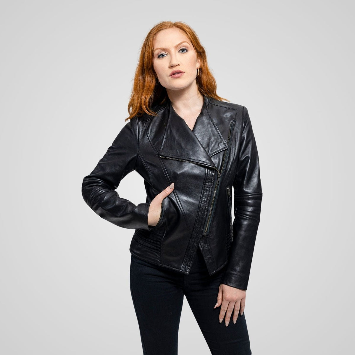 Whet Blu NYC Trish women's black leather jacket with sleek zip-front design