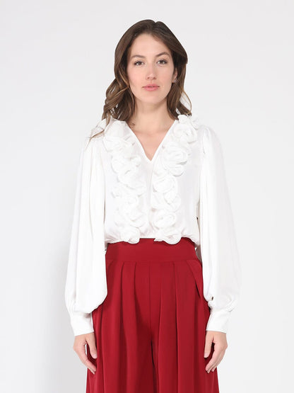 Gracia Fashion Women's V-Neck Long Sleeve Ruffle Detailed Crop Top
