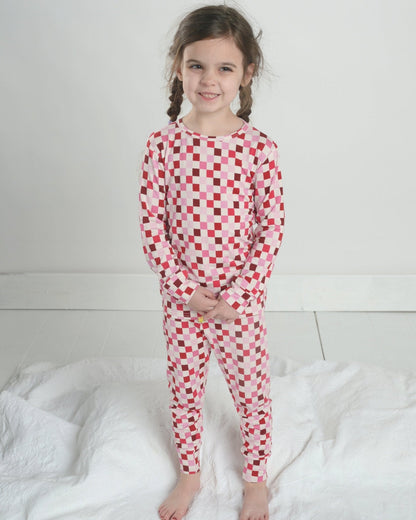 Pink Checkered Bamboo Pajamas for Kids – Two Piece Set