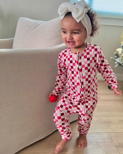 Pink Checkered Bamboo Toddler Pajamas – Romper