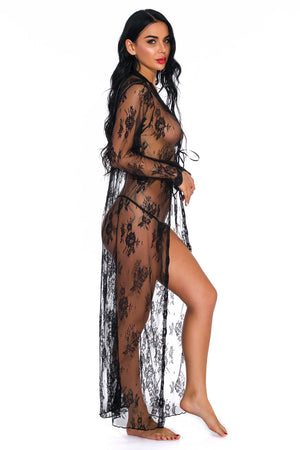 Black long lace flyaway robe from 3wishes.com, featuring delicate lace details and flowing fabric, styled for elegant lingerie.