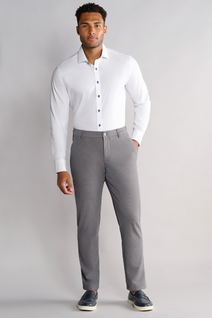 Men's Twillory Leader Non-Iron Contrast Shirt in white with navy collar and cuffs, full-body view showing tailored fit and fabric details.