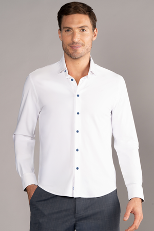 Twillory event shirt in white with blue contrast details, featuring a classic fit and button-down collar for formal occasions.