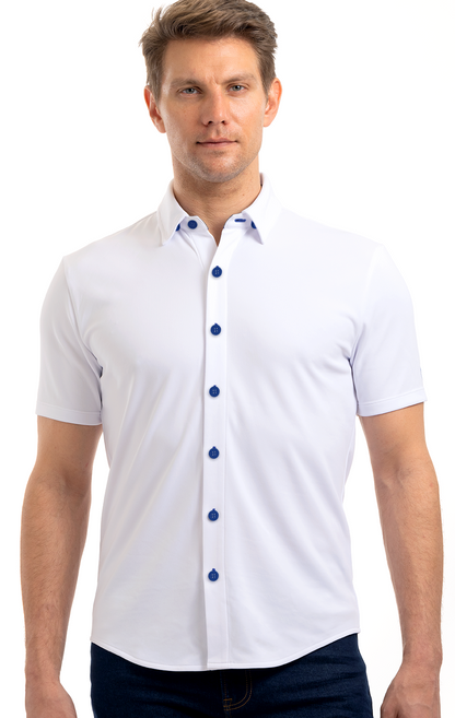 Short Sleeve Button Down Polo Contrast // White Blue
