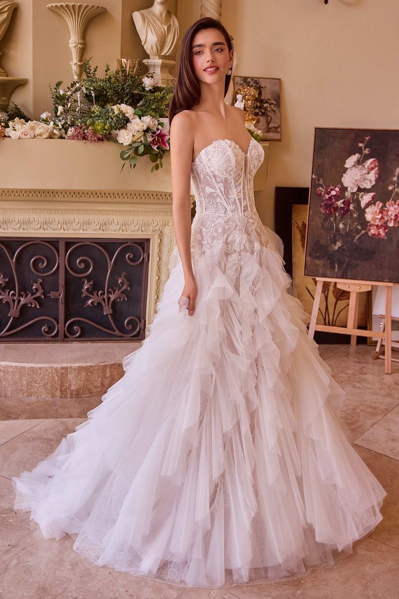 Strapless Drop Waist Cascading Wedding Dress - Farnelli