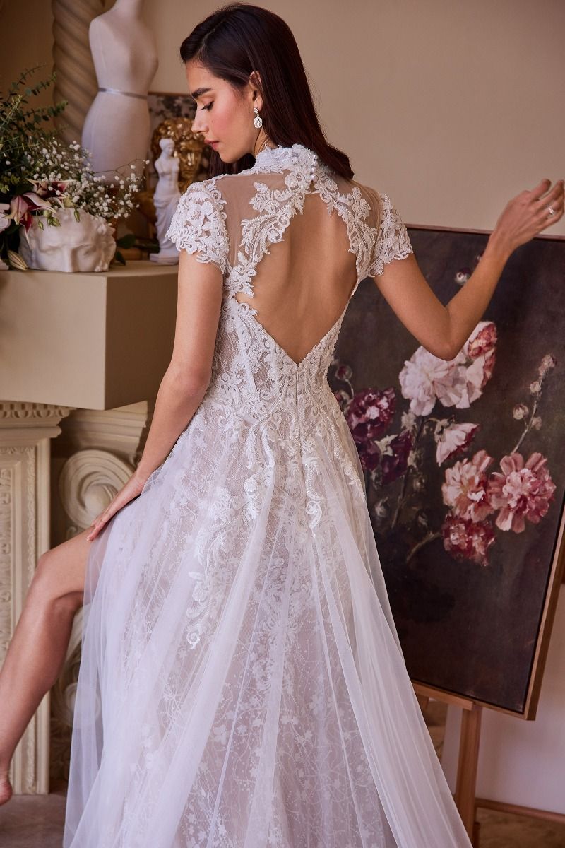 Lace & Tulle Short Sleeve Wedding Gown - Farnelli