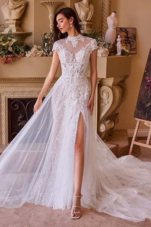 Lace & Tulle Short Sleeve Wedding Gown - Farnelli