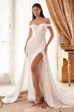 Draped Off The Shoulder Bridal Gown With Overskirt - Farnelli