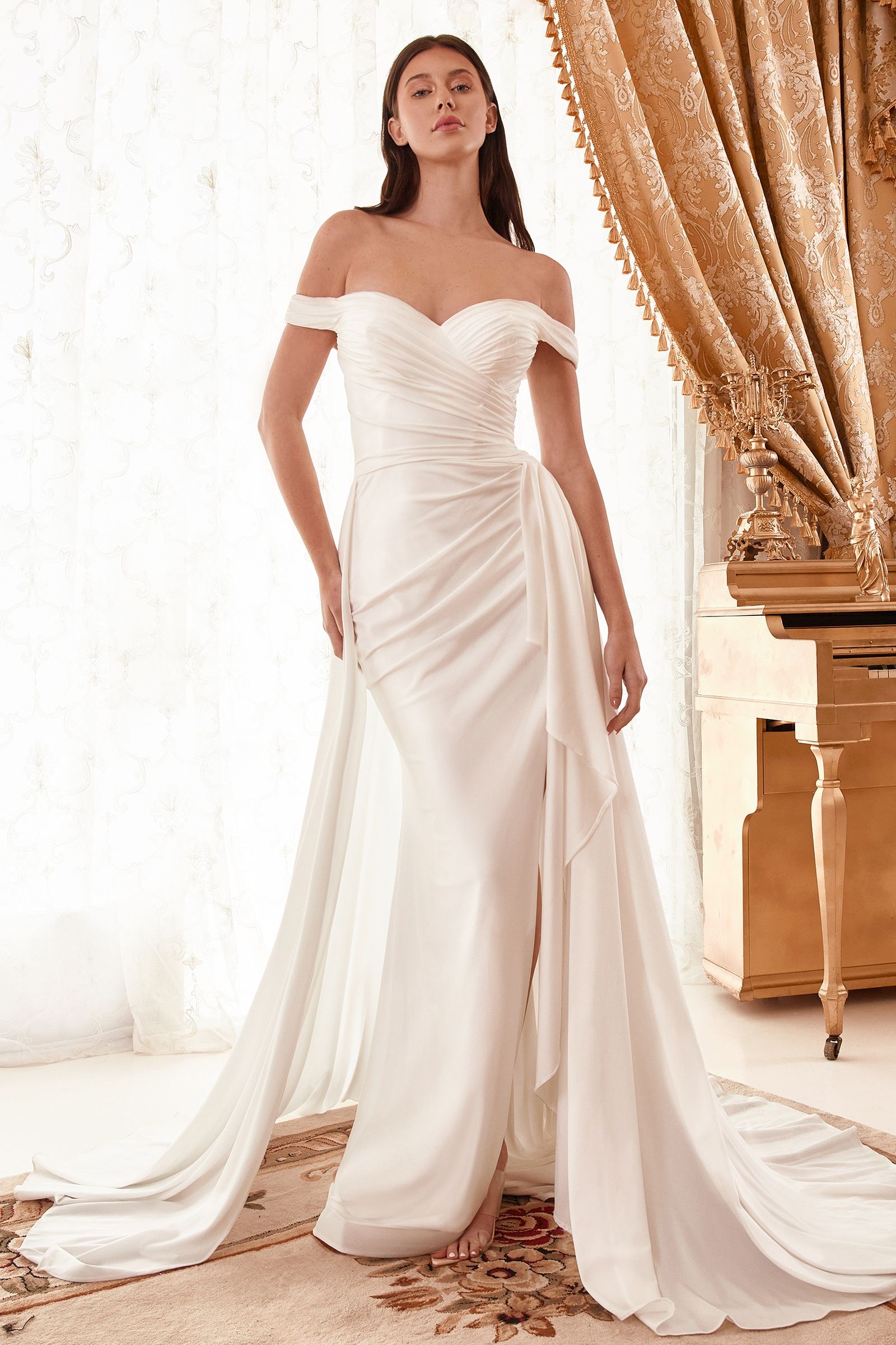 Draped Off The Shoulder Bridal Gown With Overskirt - Farnelli