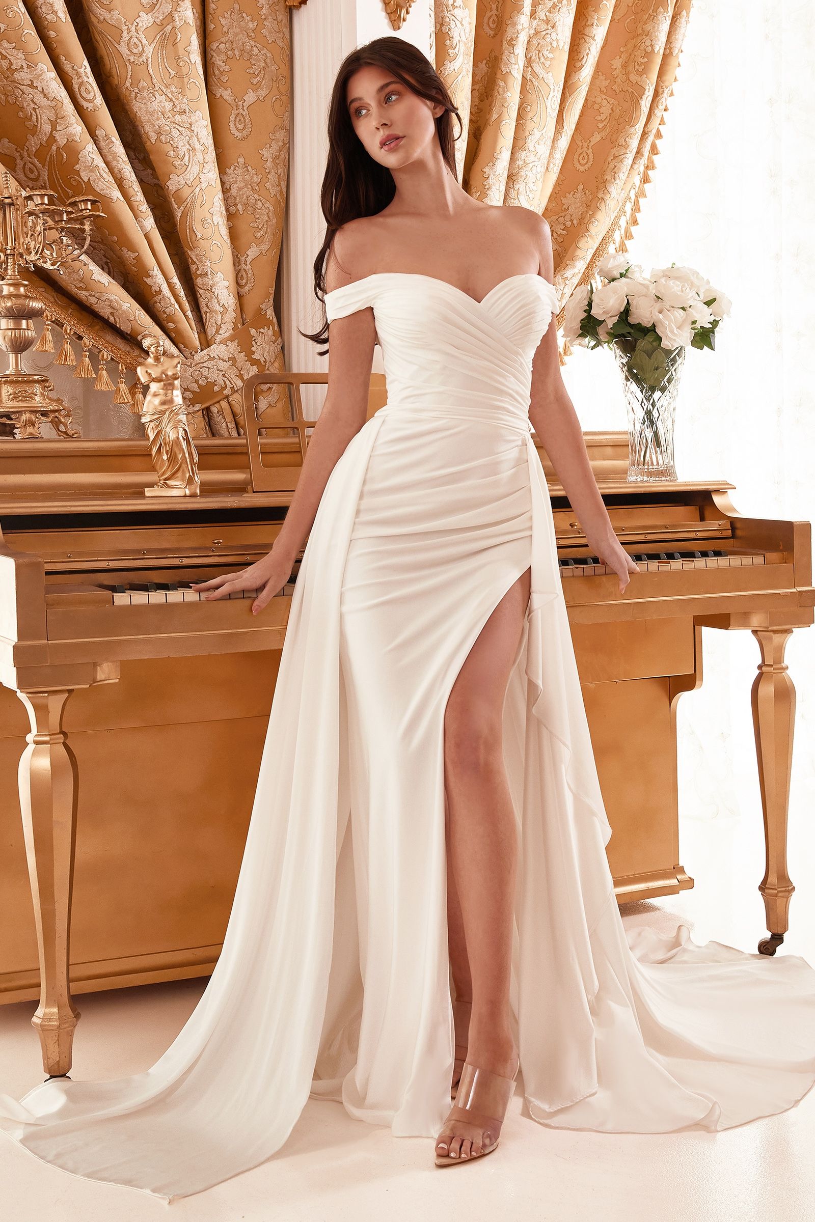 Draped Off The Shoulder Bridal Gown With Overskirt - Farnelli