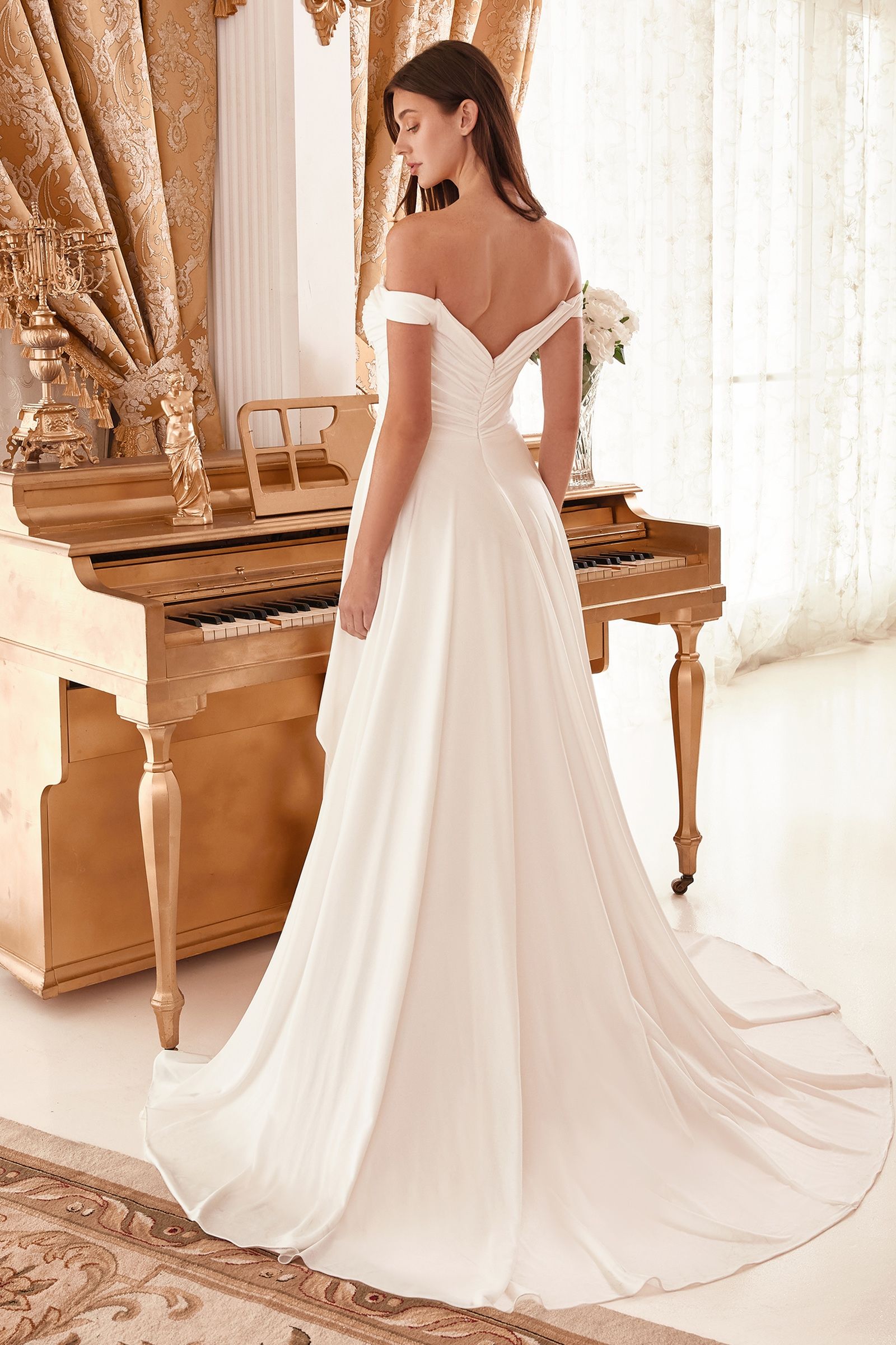 Draped Off The Shoulder Bridal Gown With Overskirt - Farnelli