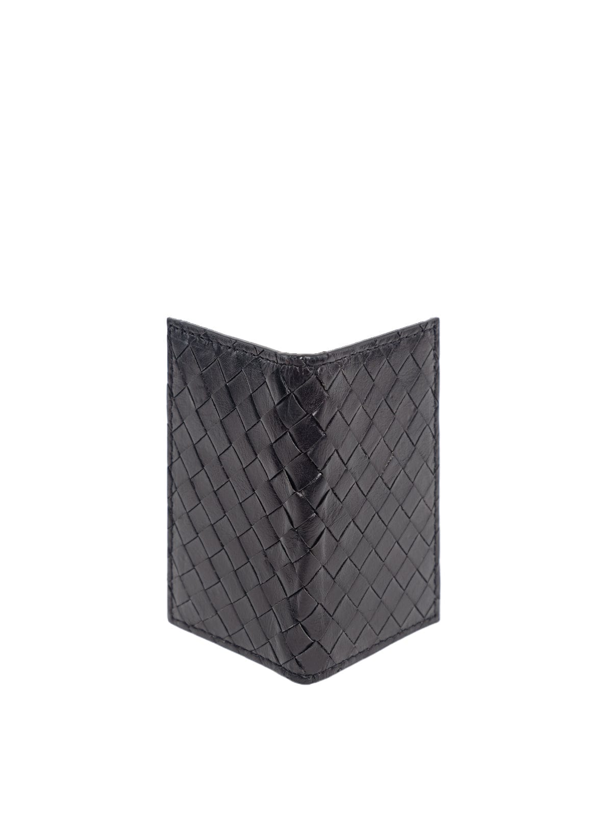 Deux Mains woven card holder in black, front view with textured woven design and card slots