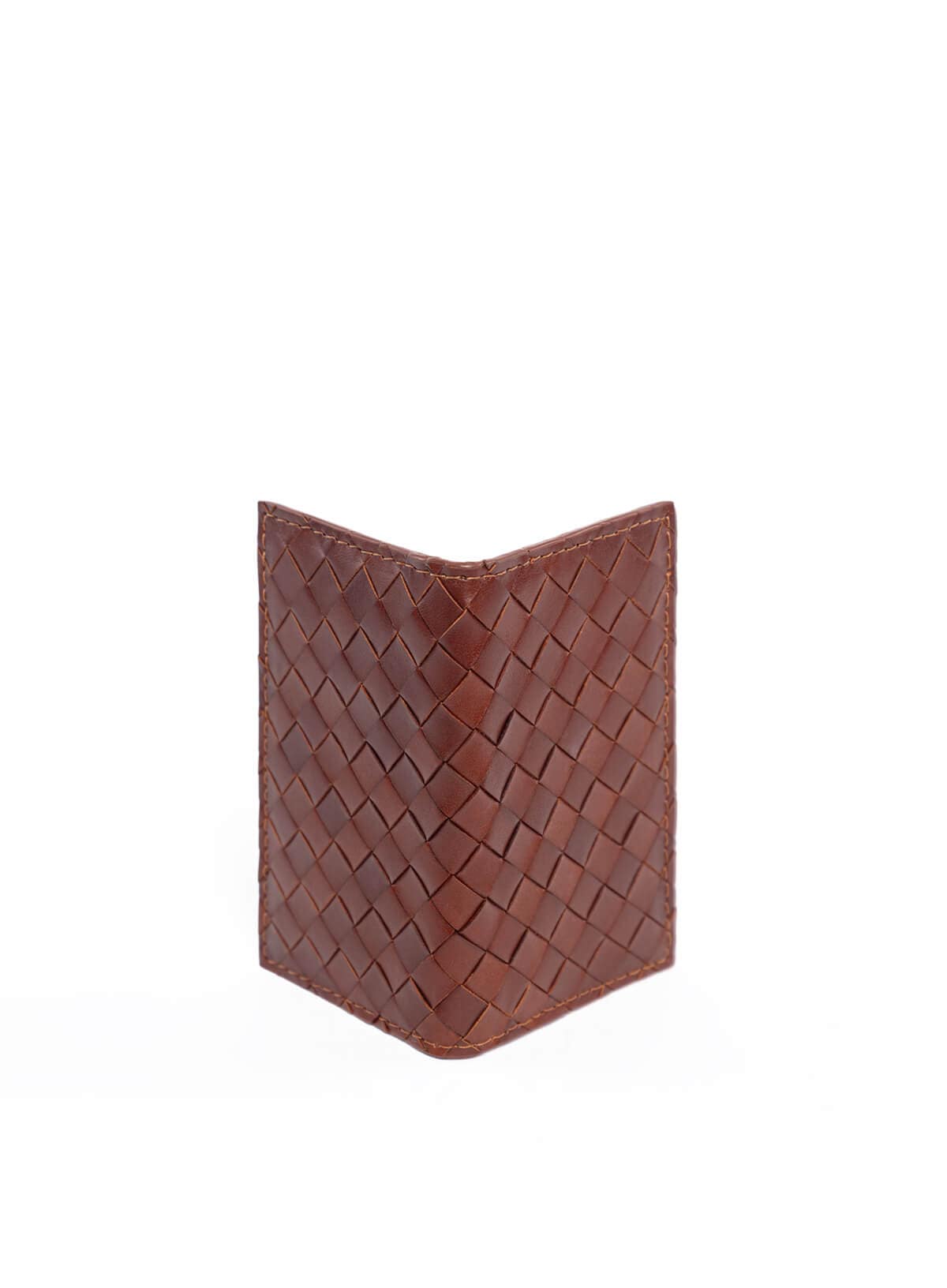 Deux Mains woven card holder in brown, front view