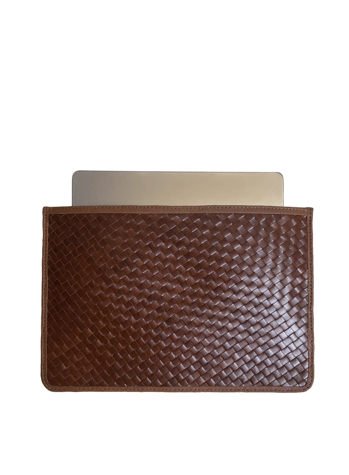 Brown woven Deux Mains laptop sleeve, front view