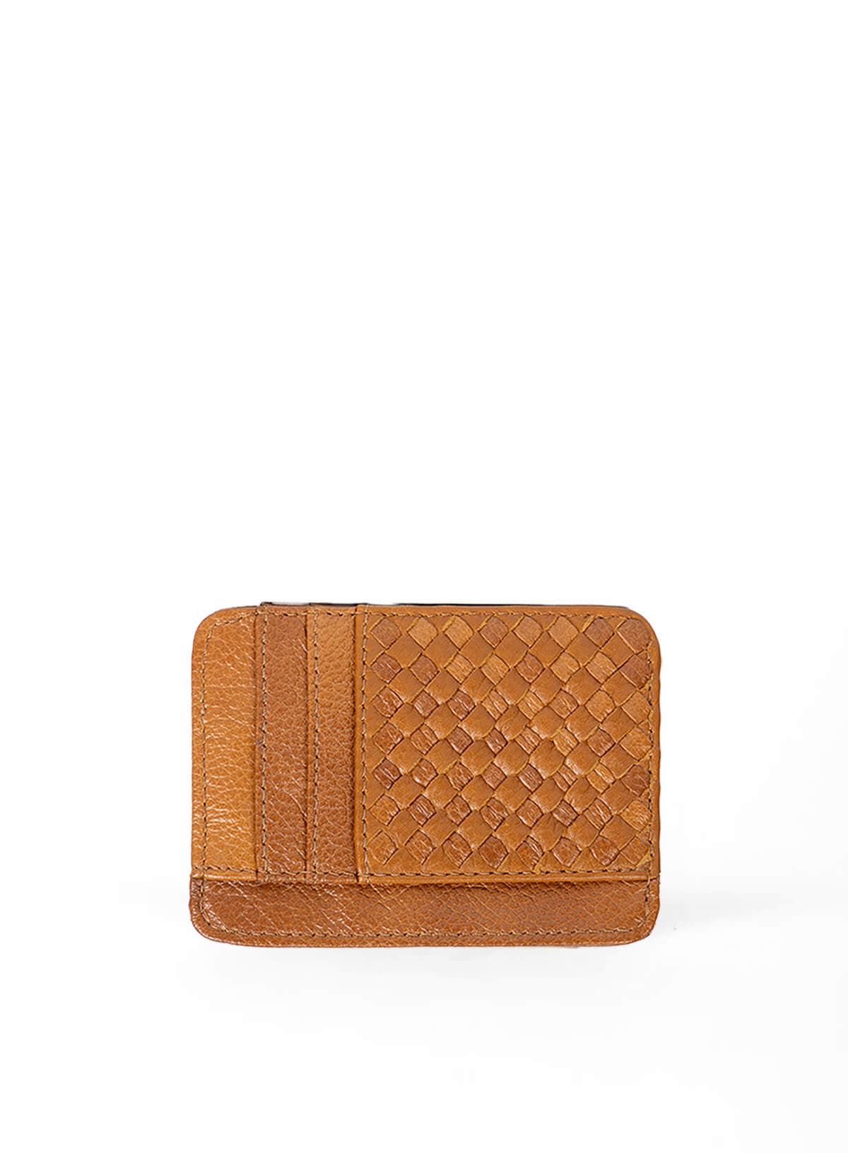 Deux Mains Slim ID Case in cognac leather with woven front design