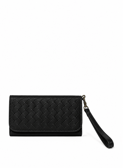 Deux Mains woven black wristlet wallet with zip closure and wrist strap
