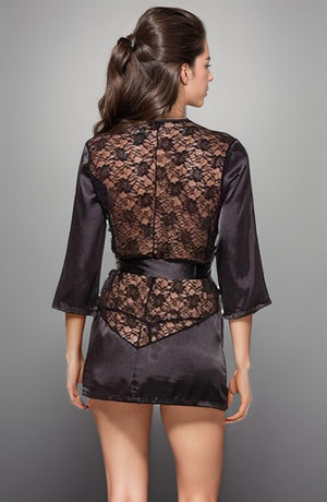 Satin lingerie robe with lace trim, black, featuring long sleeves and a sash belt, from 3wishes.com.
