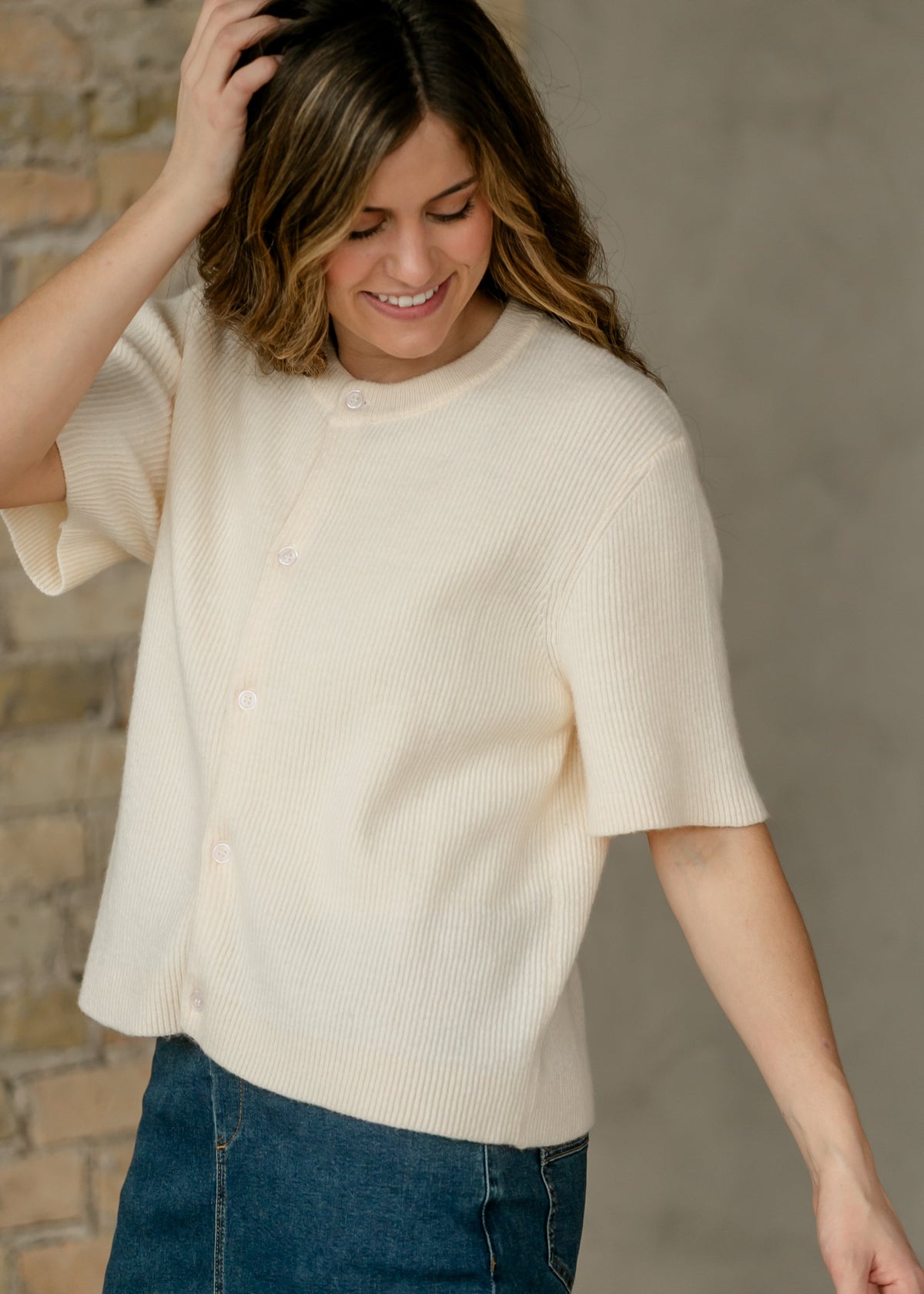 Inherit Co. Zadie ivory short sleeve button-front cardigan from IC Layering Essentials